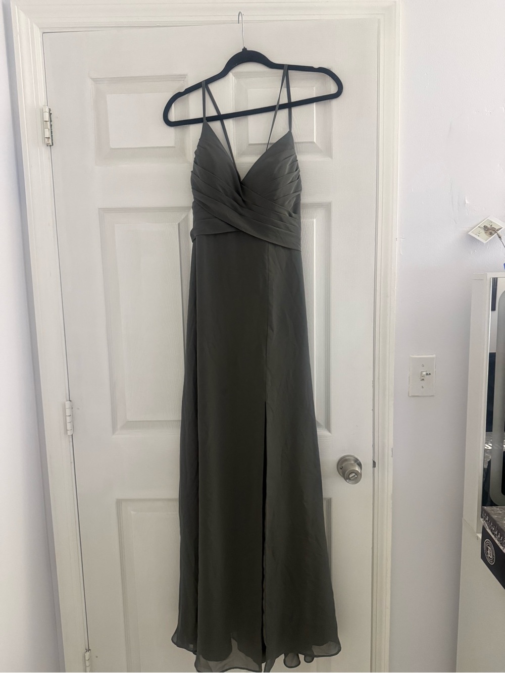 Gray V-Neck Spaghetti Strap Bridesmaid Dress